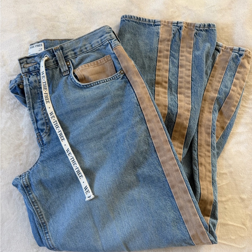 Free People Two-Tone Stripe Side Panel Denim Jeans - Light Blue & Tan